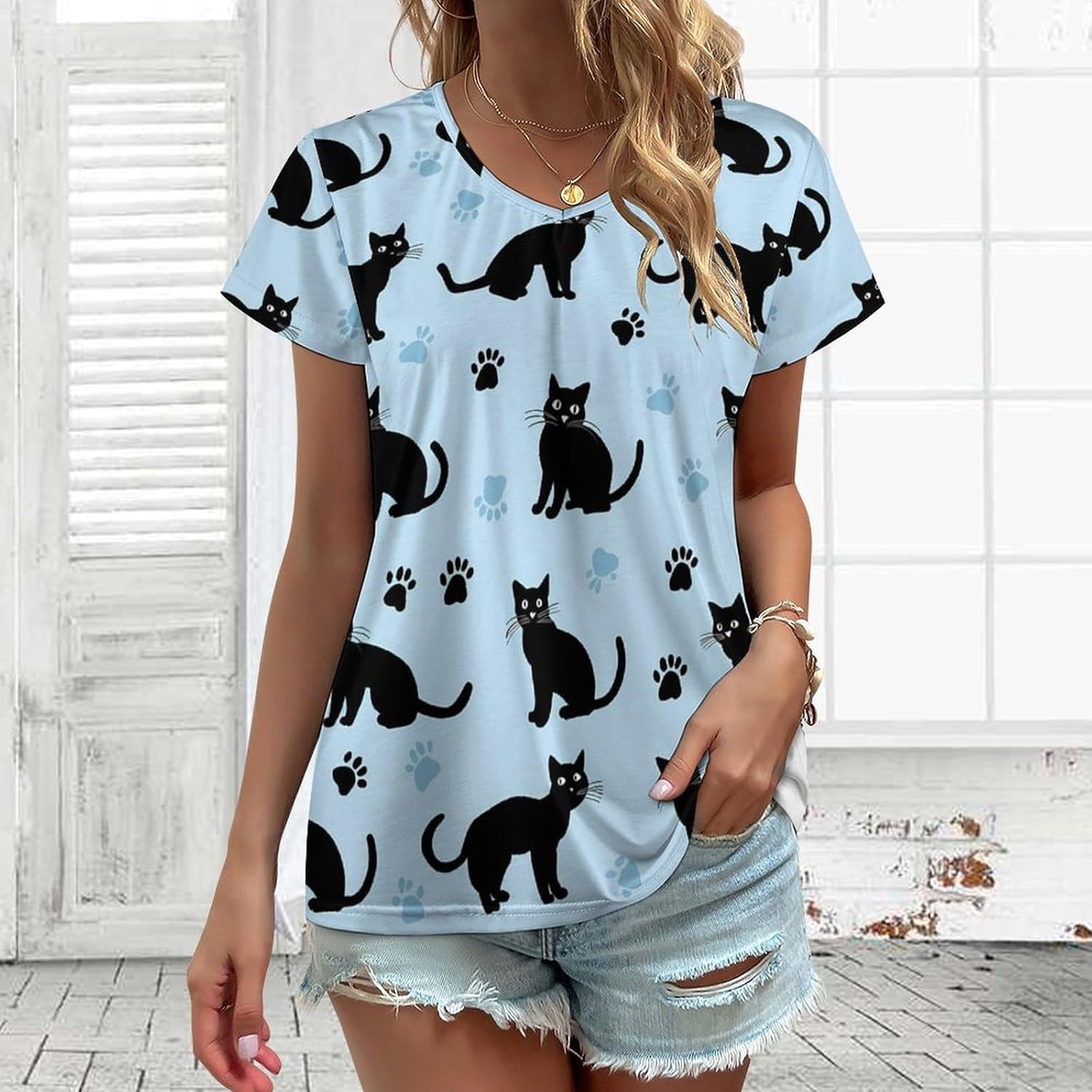 Cute Cats Paw Prints Womens V Neck Short Sleeve T Shirts Summer Tops Tees Fashion Outfits Clothes - Image 2