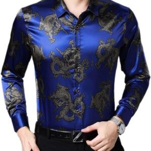 DUYHBAWRS Shirts T-Shirts Printed Mens Satin Shirts Royal Mens Long Sleeve Shirts Dragon Printed Clothing Social(Size M 50 to 60kg)