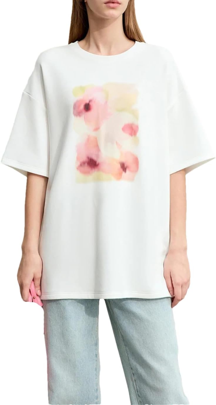 Fnfmrfmr Women's T-Shirts Round Neck Flower Print Short Sleeves Tees Stretchy Loose Blouse - Image 6