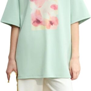Fnfmrfmr Women's T-Shirts Round Neck Flower Print Short Sleeves Tees Stretchy Loose Blouse