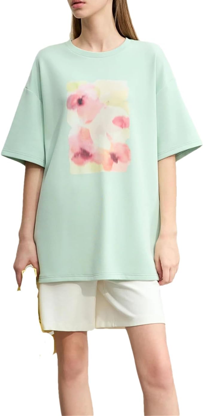 Fnfmrfmr Women's T-Shirts Round Neck Flower Print Short Sleeves Tees Stretchy Loose Blouse