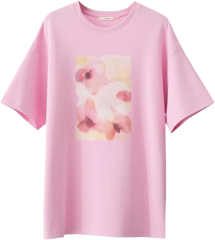 Fnfmrfmr Women's T-Shirts Round Neck Flower Print Short Sleeves Tees Stretchy Loose Blouse - Image 5