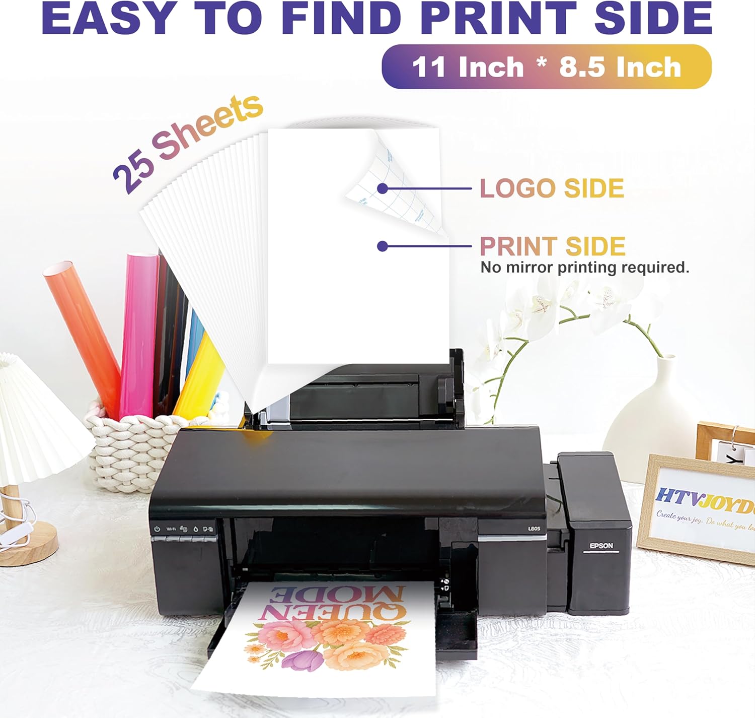 HTVJOYDO Iron-On Heat Transfer Paper for T-Shirts, 25 Sheets 8.5x11", Iron on Vinyl for Dark Fabric, Printable Heat Transfer Vinyl for Inkjet Printer, Perfect for Summer Crafts - Image 2