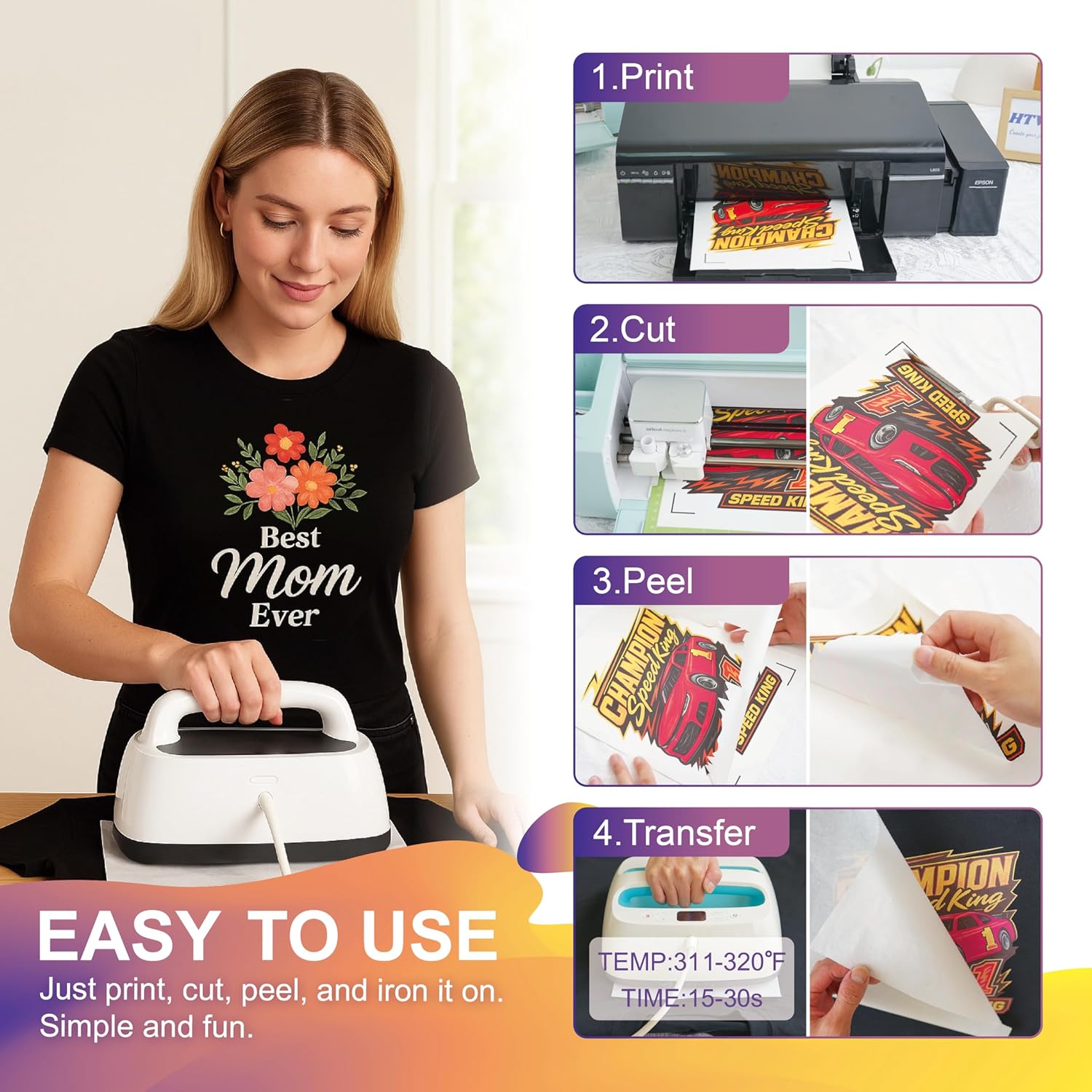 HTVJOYDO Iron-On Heat Transfer Paper for T-Shirts, 25 Sheets 8.5x11", Iron on Vinyl for Dark Fabric, Printable Heat Transfer Vinyl for Inkjet Printer, Perfect for Summer Crafts - Image 3