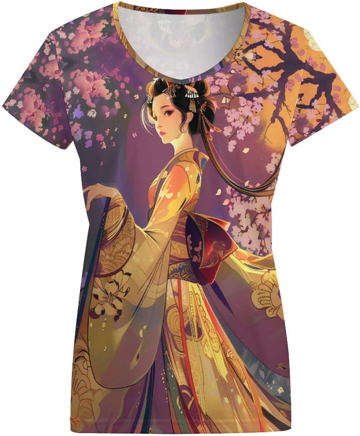 Japanese Woman Pre-Printed Pattern Womens V Neck Short Sleeve T Shirts Summer Tops Tees Fashion Outfits Clothes - Image 3