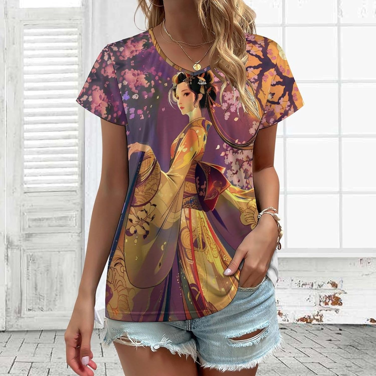 Japanese Woman Pre-Printed Pattern Womens V Neck Short Sleeve T Shirts Summer Tops Tees Fashion Outfits Clothes - Image 2