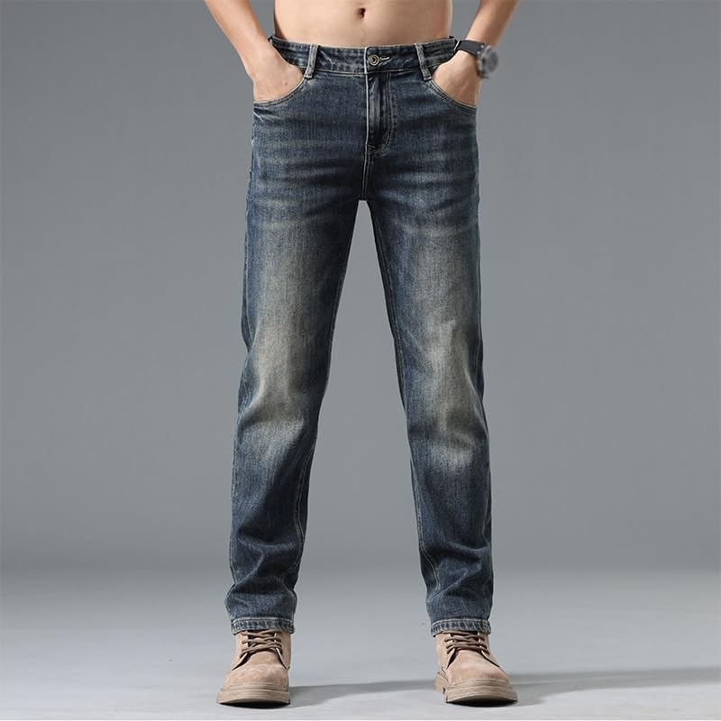 Jeans Slim Fit Straight Leg Pants Versatile Retro Casual Long Pants(34) Blue - Image 4