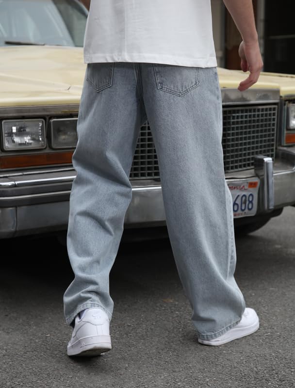 LOGEQI Mens Baggy Hip Hop Jeans Wide Leg Streetwear Jeans Loose Fit Y2K Skater Denim Pants - Image 4
