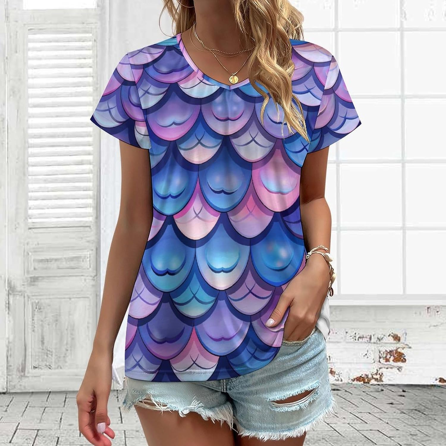 Mermaid Fish Scale Print Womens V Neck Short Sleeve T Shirts Summer Tops Tees Fashion Outfits Clothes - Image 2