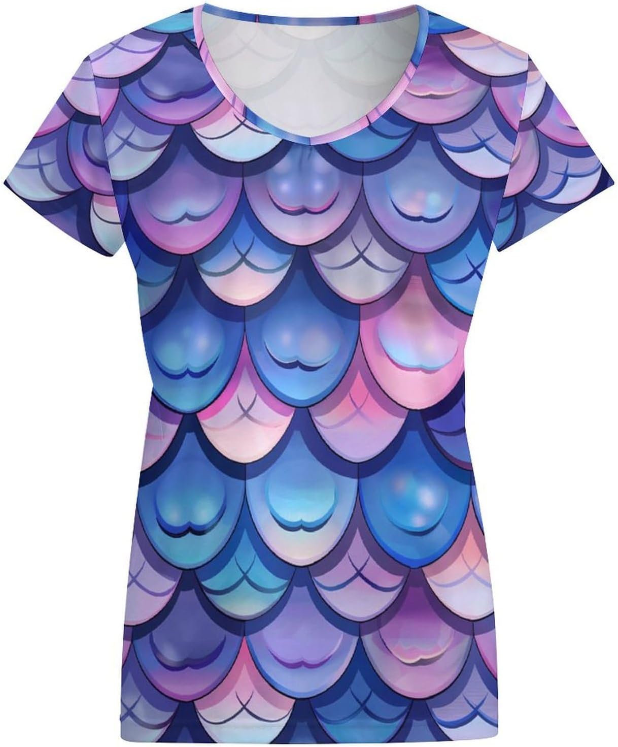 Mermaid Fish Scale Print Womens V Neck Short Sleeve T Shirts Summer Tops Tees Fashion Outfits Clothes - Image 3