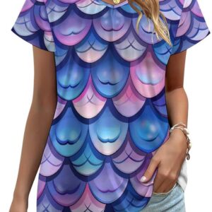 Mermaid Fish Scale Print Womens V Neck Short Sleeve T Shirts Summer Tops Tees Fashion Outfits Clothes