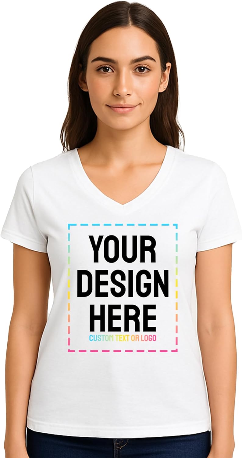 Personalized Women's V-Neck T-Shirt \u2013 Custom Image & Text, Design Your Own Front & Back Print, Customizable Tee Gift