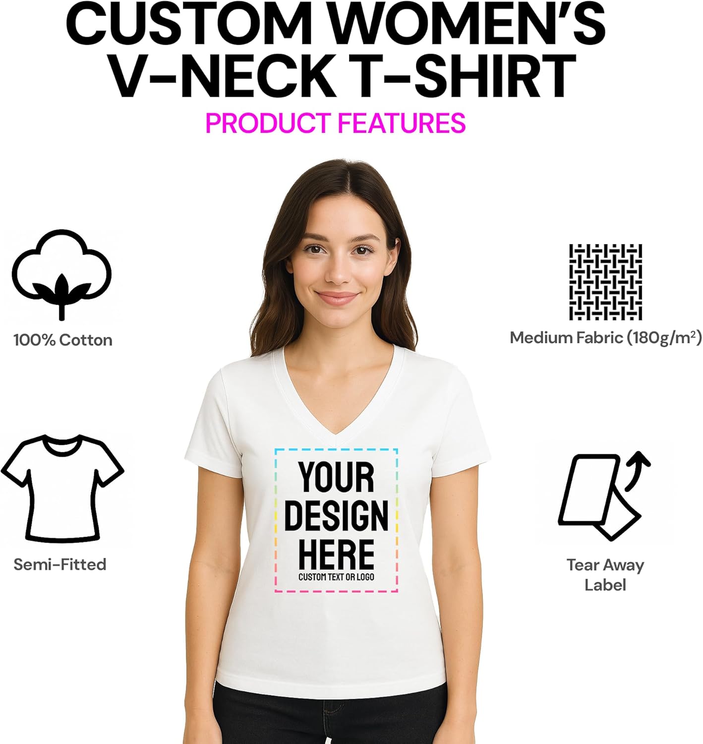 Personalized Women's V-Neck T-Shirt \u2013 Custom Image & Text, Design Your Own Front & Back Print, Customizable Tee Gift - Image 2