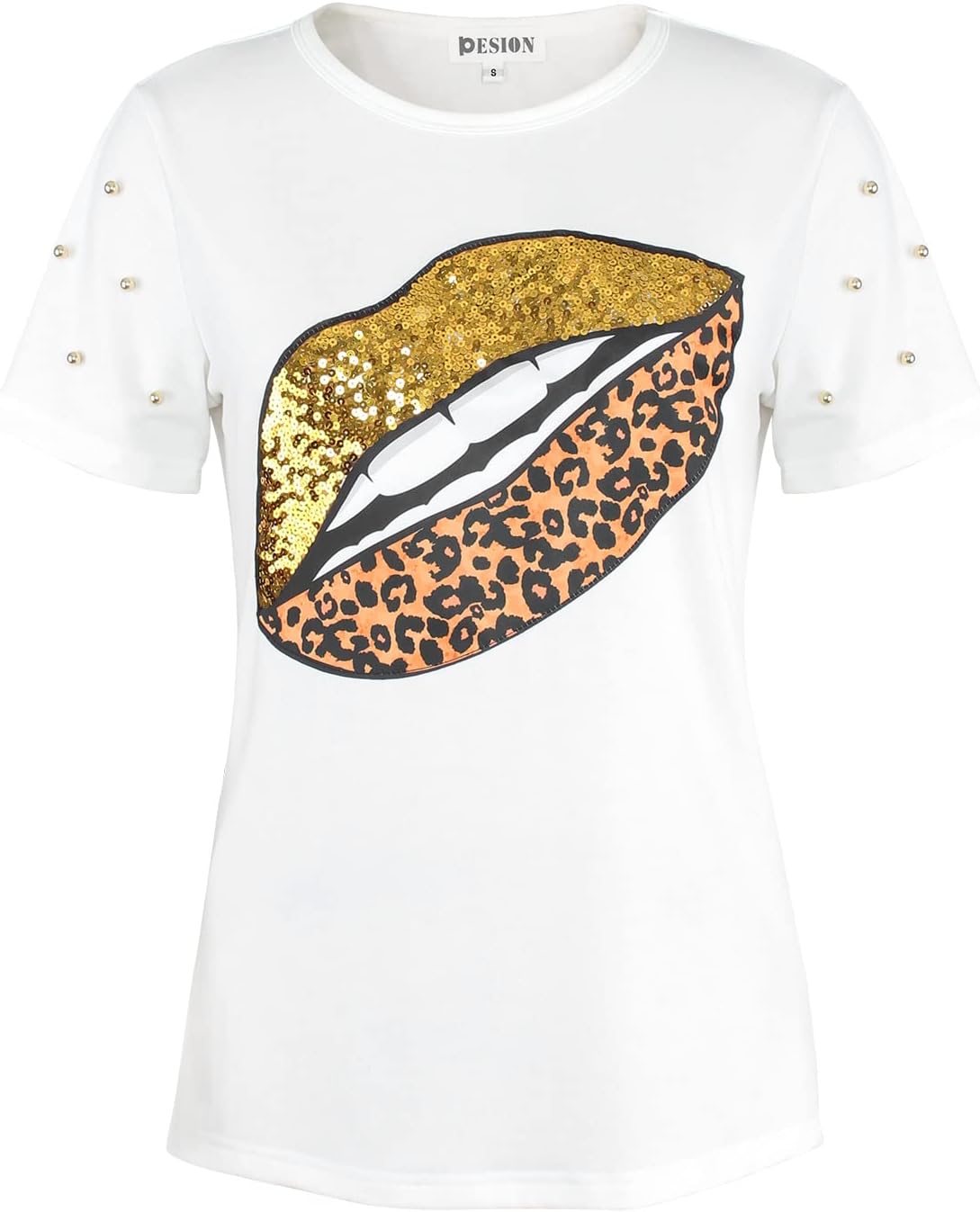 PESION Womens Short Sleeve T-Shirt Sequined Tops O-Neck Funny Graphic Tees Blouse - Image 29