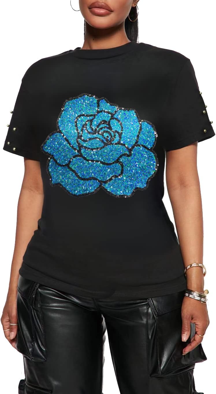 PESION Womens Short Sleeve T-Shirt Sequined Tops O-Neck Funny Graphic Tees Blouse - Image 28