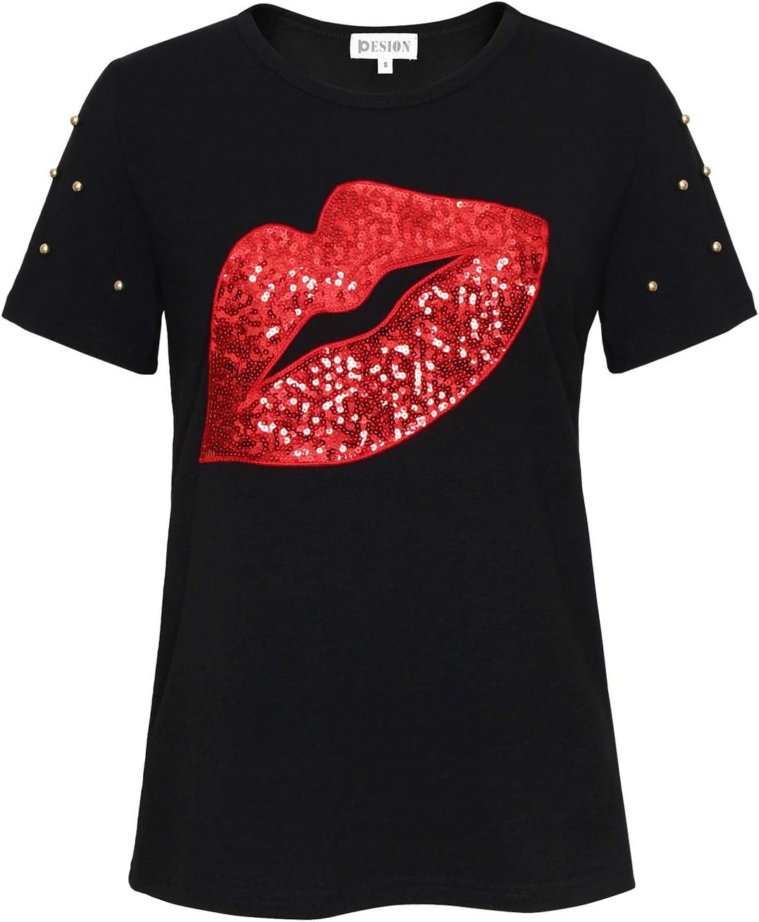 PESION Womens Short Sleeve T-Shirt Sequined Tops O-Neck Funny Graphic Tees Blouse - Image 20