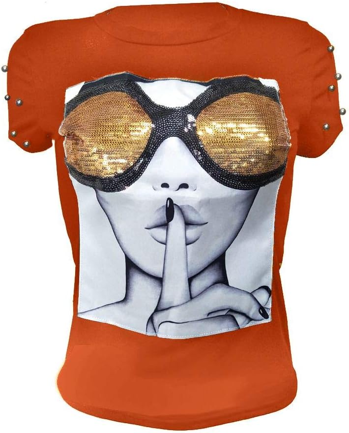 PESION Womens Short Sleeve T-Shirt Sequined Tops O-Neck Funny Graphic Tees Blouse - Image 16
