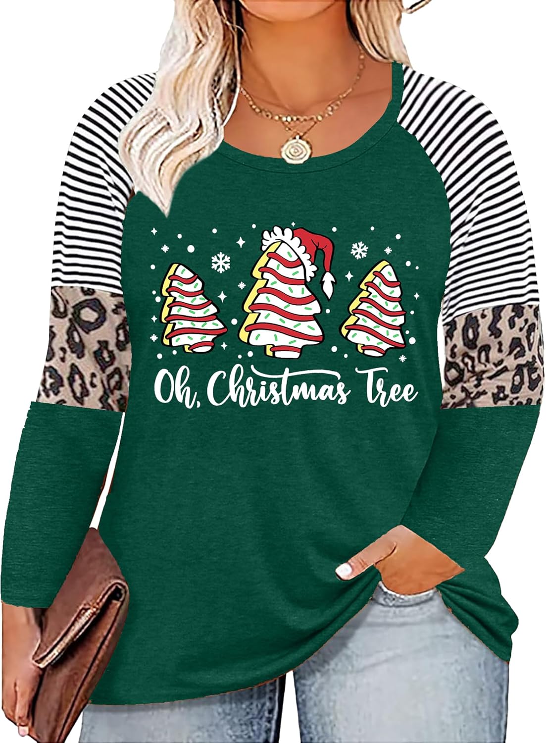 Plus Size Christmas T Shirt Women Xmas Leopard Plaid Trees Print Tees Casual Long Sleeve Holiday Shirts Top - Image 30