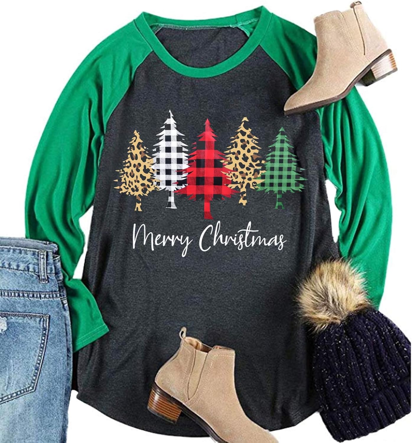 Plus Size Christmas T Shirt Women Xmas Leopard Plaid Trees Print Tees Casual Long Sleeve Holiday Shirts Top - Image 7