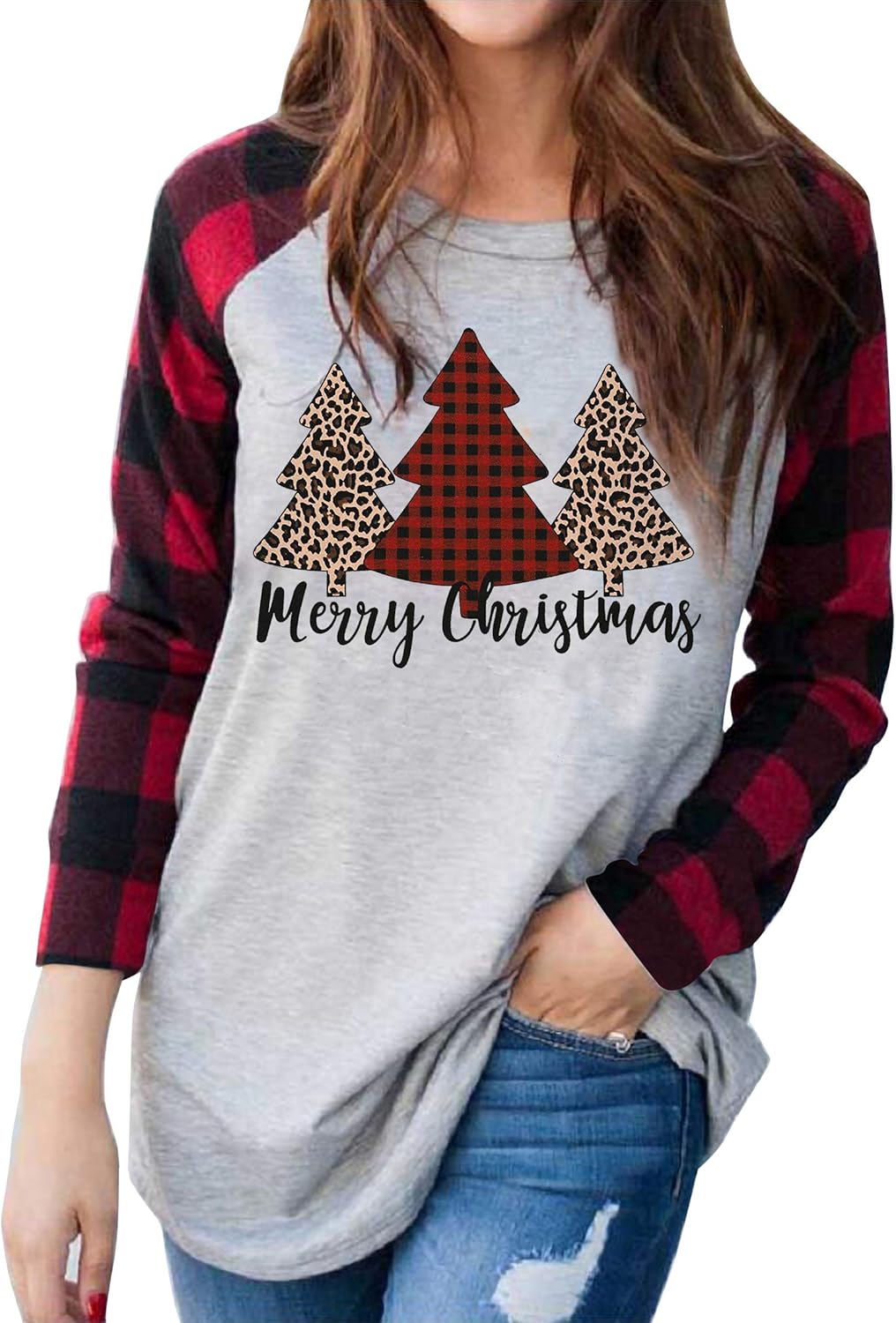 Plus Size Christmas T Shirt Women Xmas Leopard Plaid Trees Print Tees Casual Long Sleeve Holiday Shirts Top - Image 21