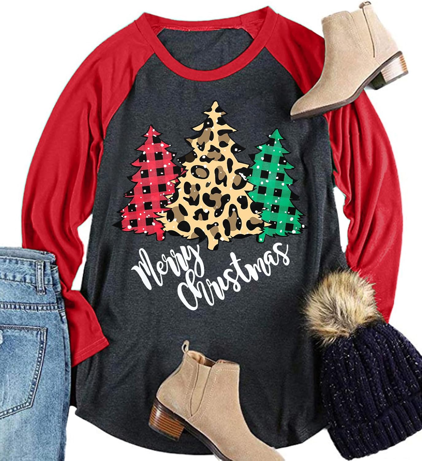 Plus Size Christmas T Shirt Women Xmas Leopard Plaid Trees Print Tees Casual Long Sleeve Holiday Shirts Top - Image 16