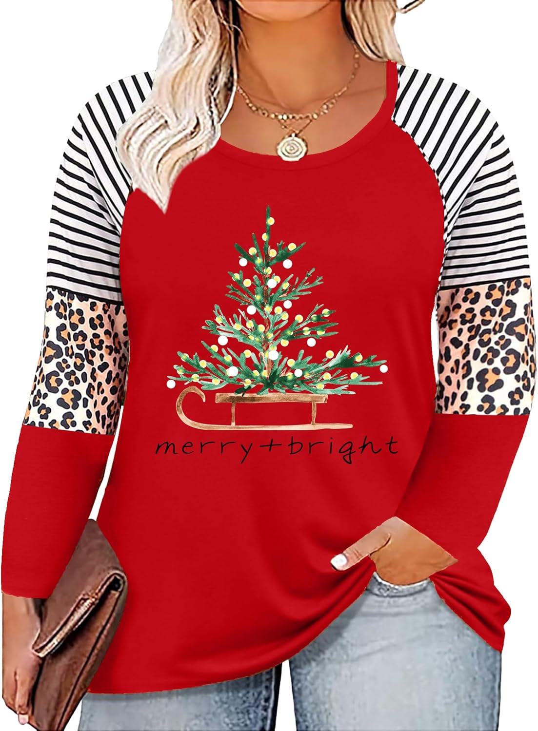 Plus Size Christmas T Shirt Women Xmas Leopard Plaid Trees Print Tees Casual Long Sleeve Holiday Shirts Top - Image 32