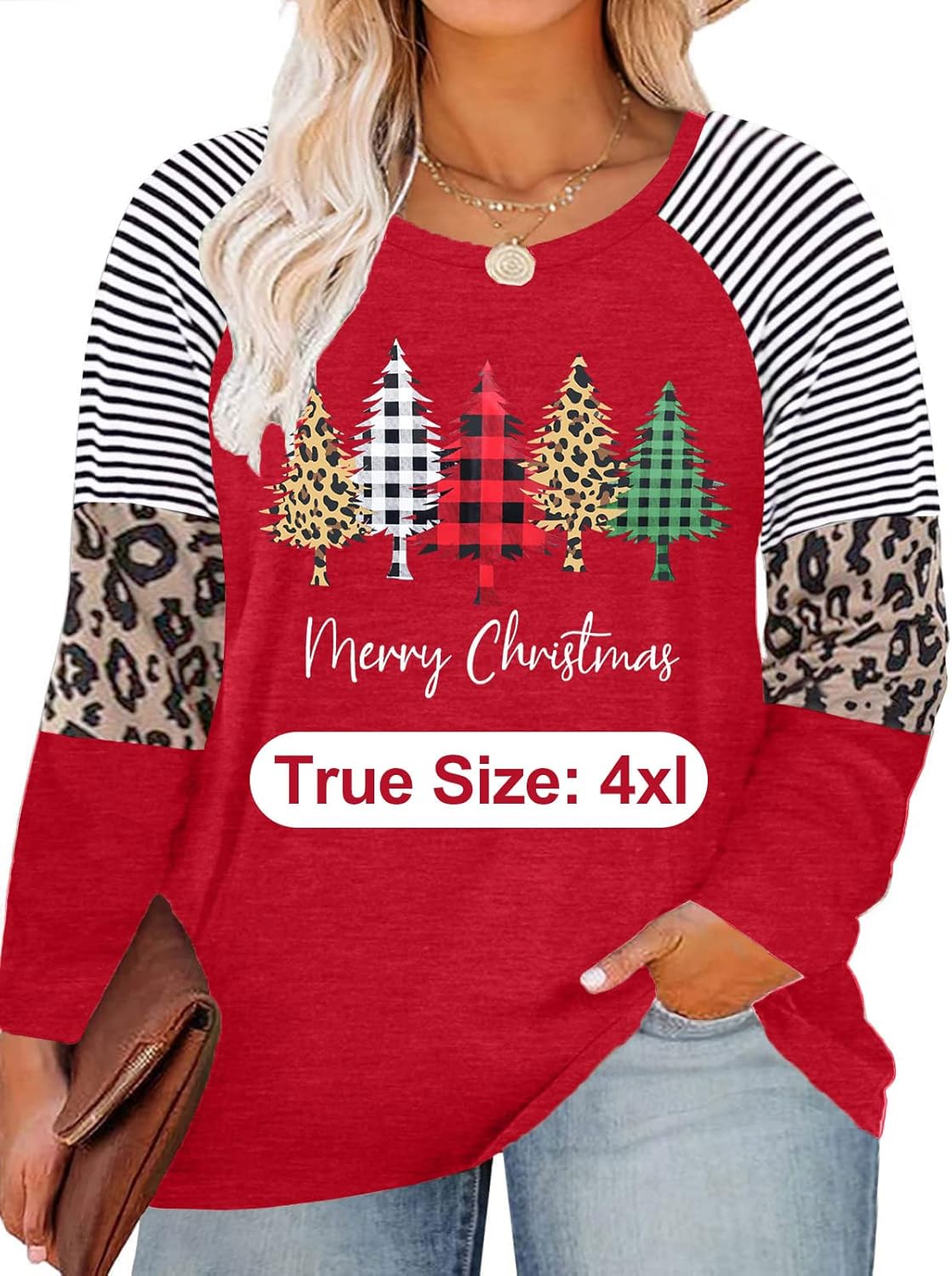 Plus Size Christmas T Shirt Women Xmas Leopard Plaid Trees Print Tees Casual Long Sleeve Holiday Shirts Top - Image 36