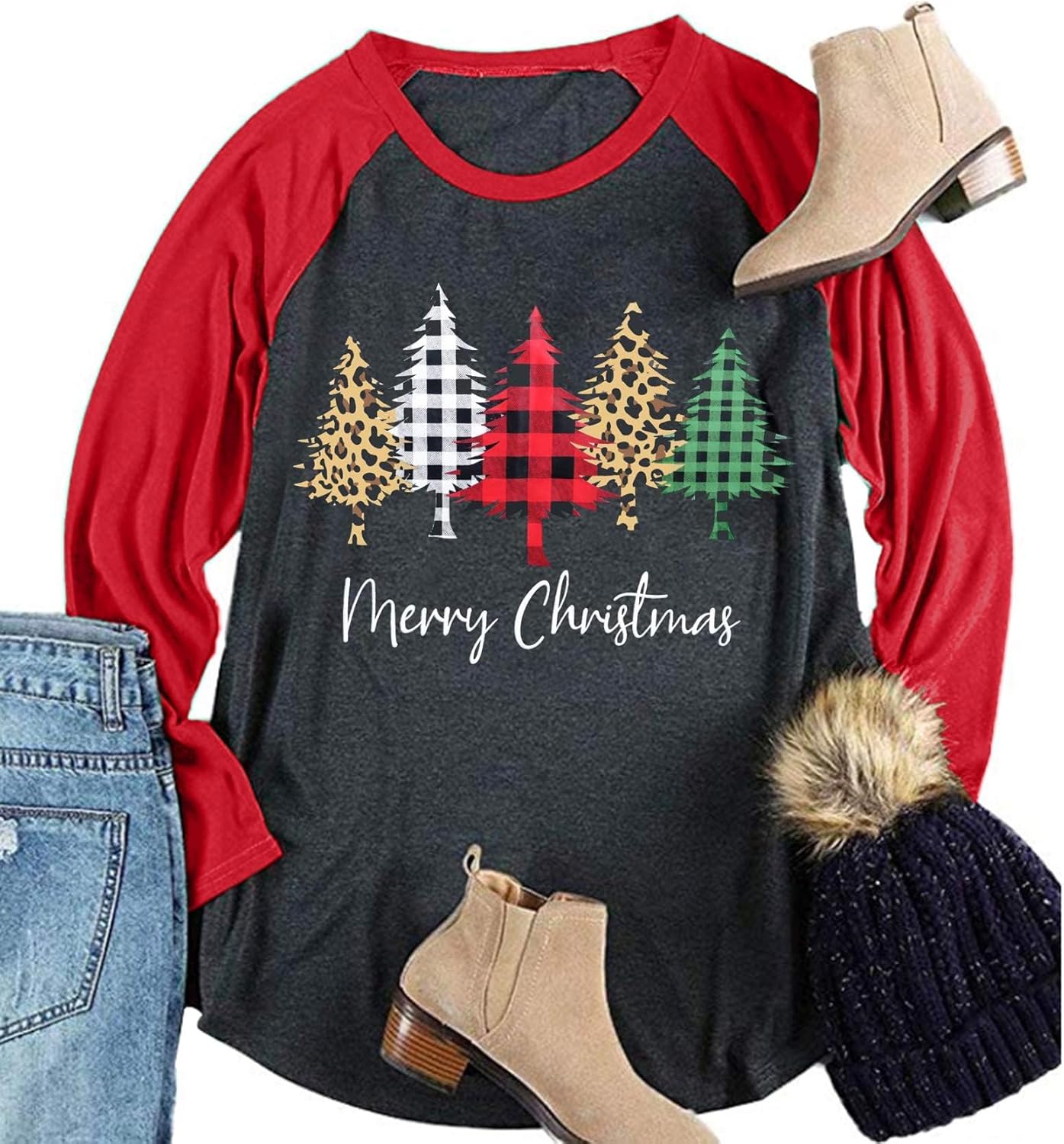 Plus Size Christmas T Shirt Women Xmas Leopard Plaid Trees Print Tees Casual Long Sleeve Holiday Shirts Top - Image 17