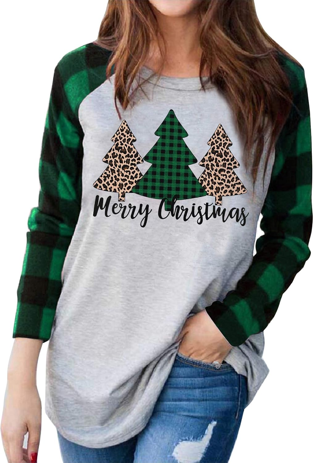 Plus Size Christmas T Shirt Women Xmas Leopard Plaid Trees Print Tees Casual Long Sleeve Holiday Shirts Top - Image 23