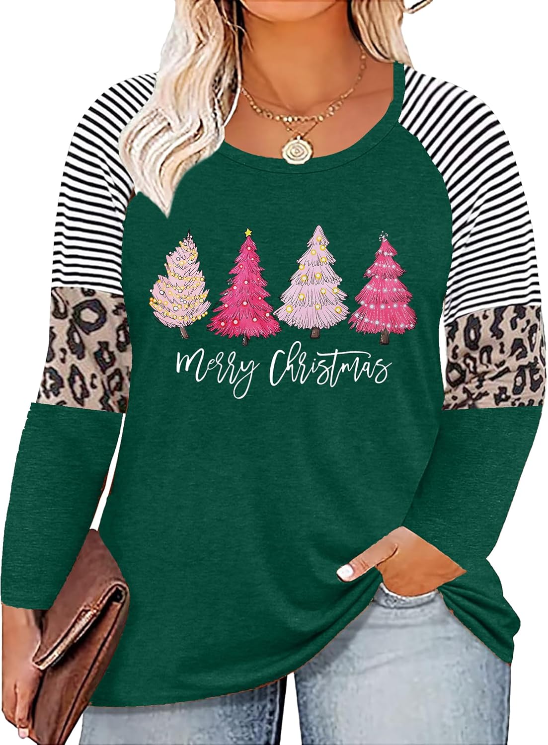 Plus Size Christmas T Shirt Women Xmas Leopard Plaid Trees Print Tees Casual Long Sleeve Holiday Shirts Top - Image 24