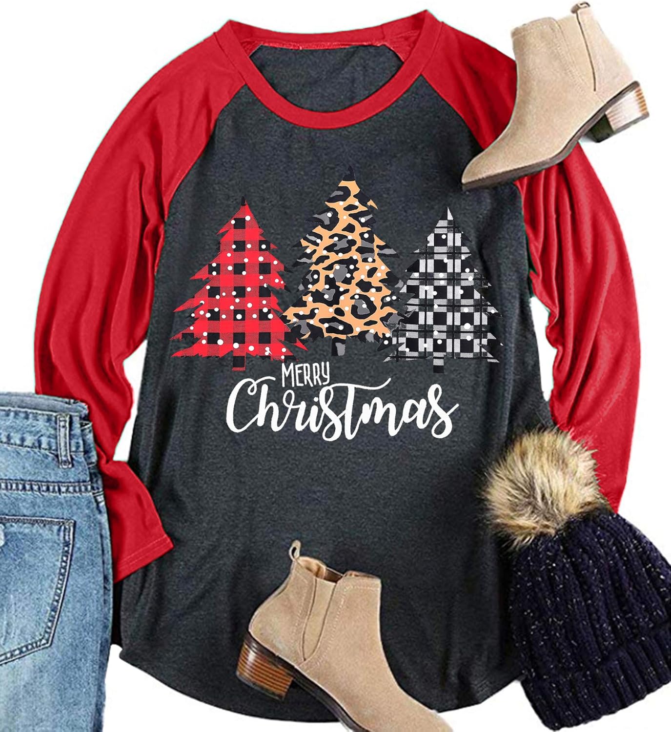 Plus Size Christmas T Shirt Women Xmas Leopard Plaid Trees Print Tees Casual Long Sleeve Holiday Shirts Top - Image 28