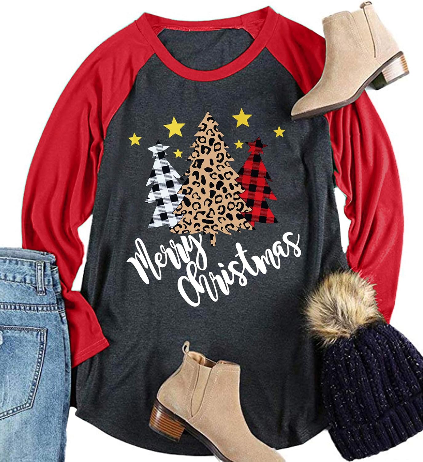 Plus Size Christmas T Shirt Women Xmas Leopard Plaid Trees Print Tees Casual Long Sleeve Holiday Shirts Top