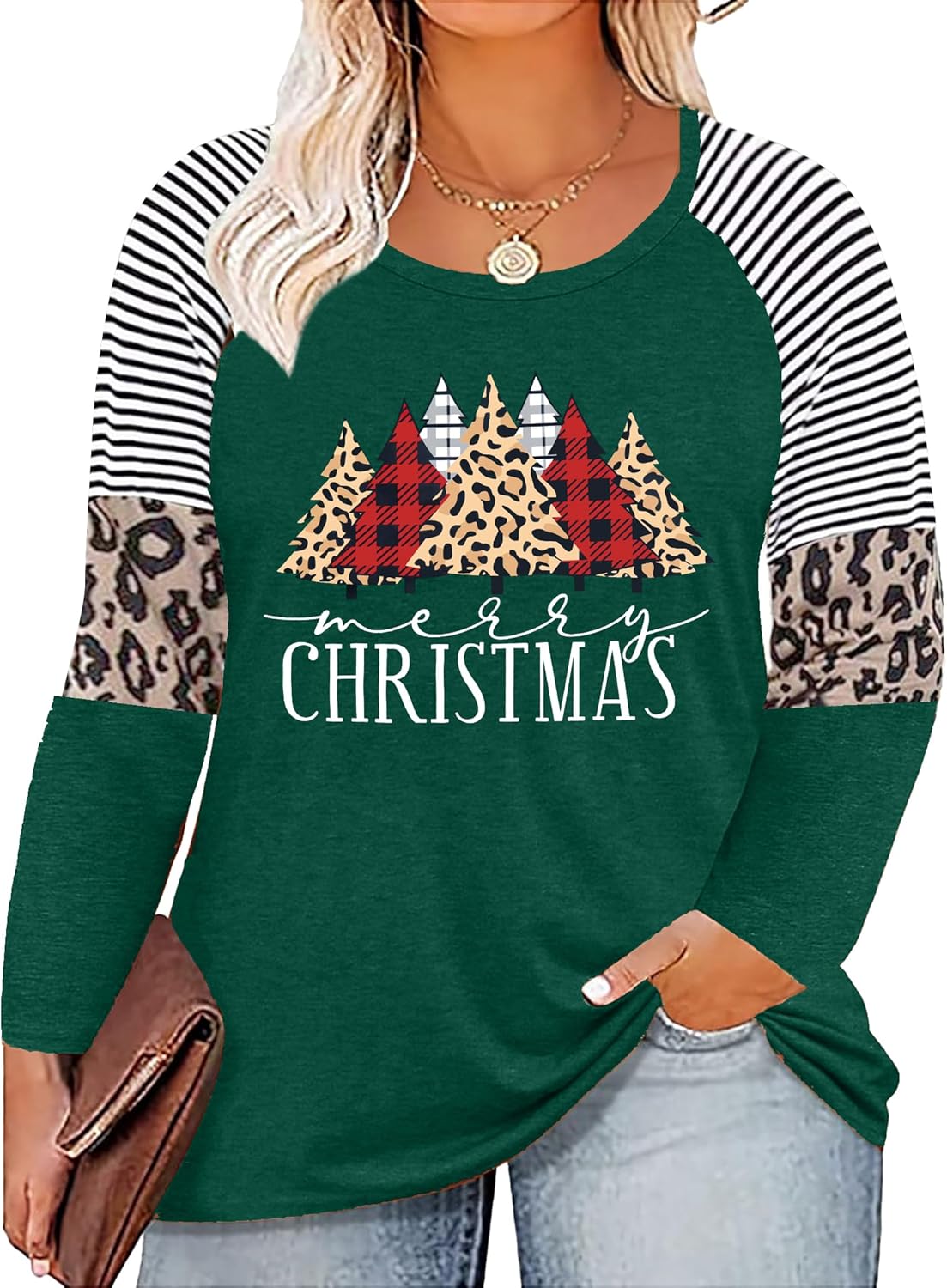 Plus Size Christmas T Shirt Women Xmas Leopard Plaid Trees Print Tees Casual Long Sleeve Holiday Shirts Top - Image 15