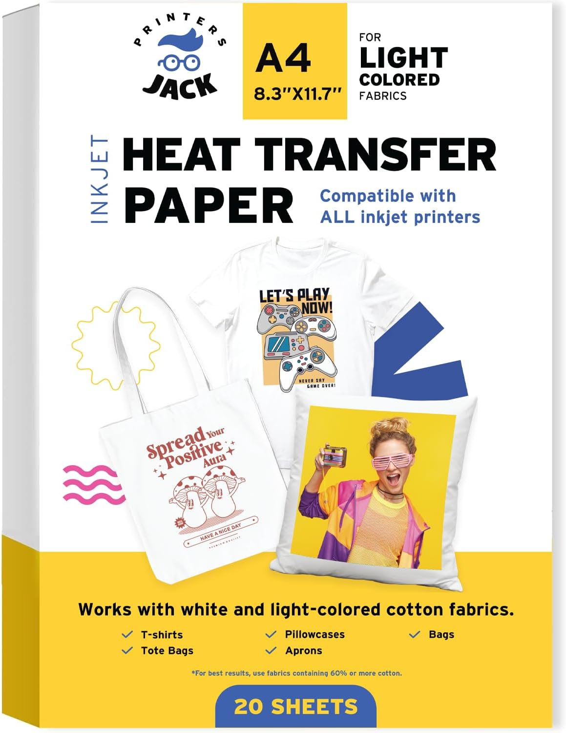 Printers Jack Iron-On Heat Transfer Paper for White and Light Fabric, 20 Pack 8.3x11.7 inch T-Shirt Transfer Paper for Any Inkjet Printer, Long Lasting Printing Transfer Paper for Heat Press