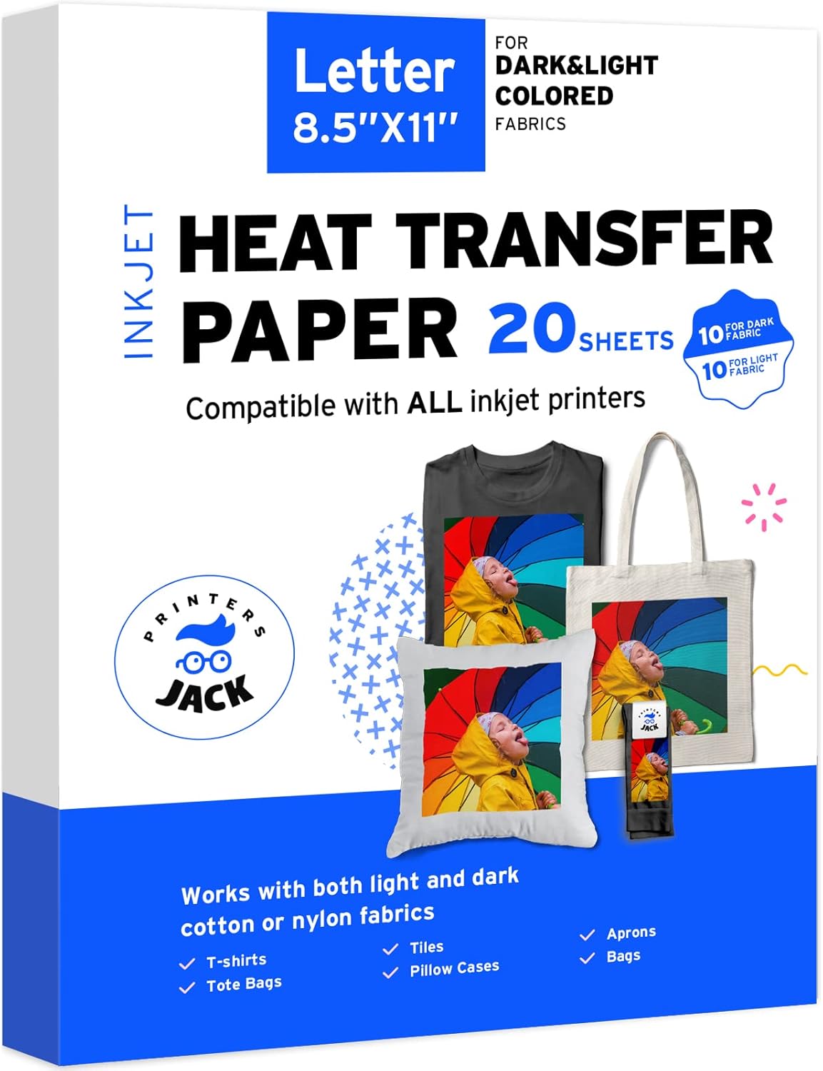 Printers Jack Iron-On Heat Transfer Paper for White and Light Fabric, 20 Pack 8.3x11.7 inch T-Shirt Transfer Paper for Any Inkjet Printer, Long Lasting Printing Transfer Paper for Heat Press - Image 9