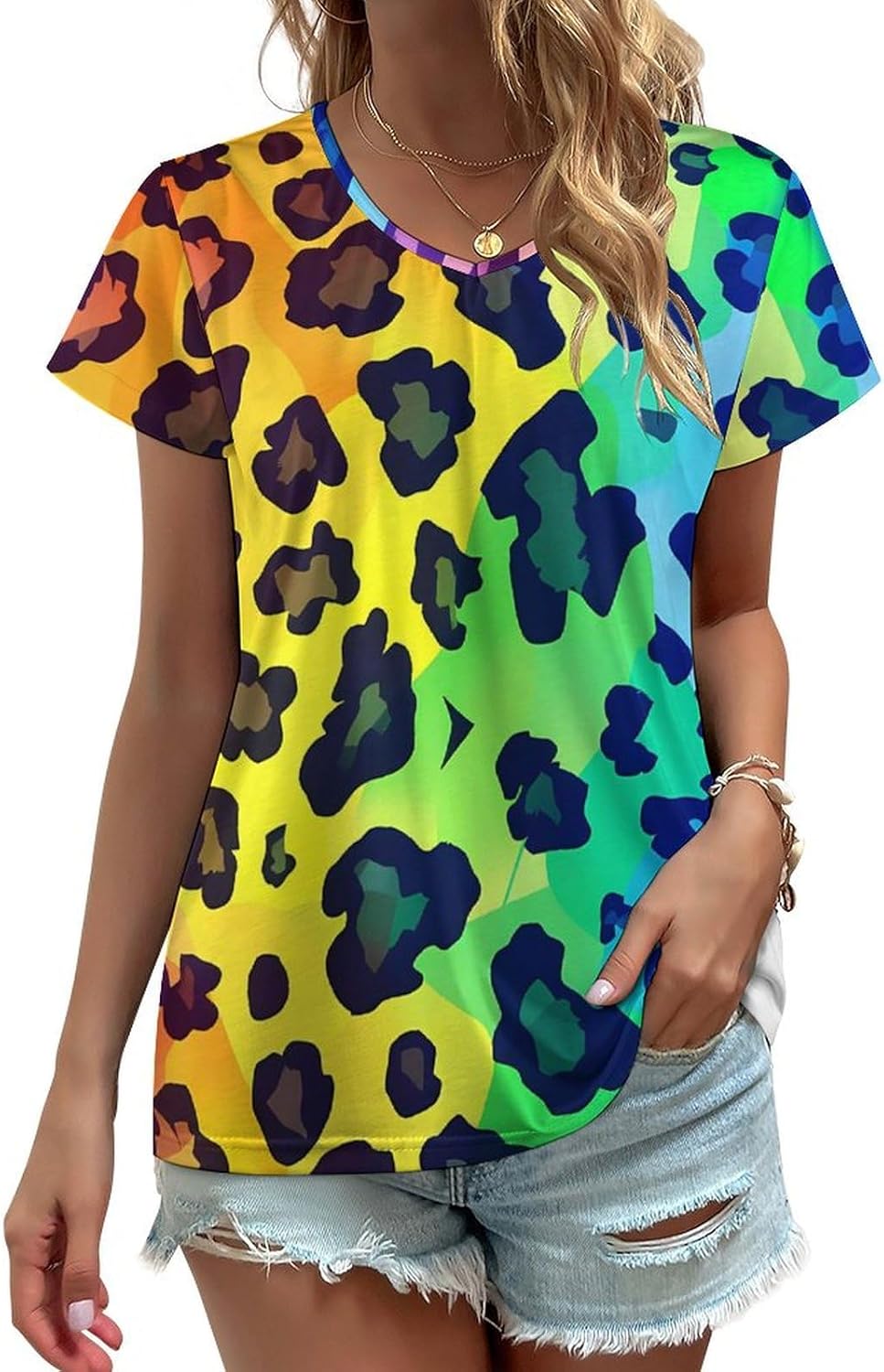 Rainbow Leopard Print Womens V Neck Short Sleeve T Shirts Summer Tops Tees Fashion Outfits Clothes