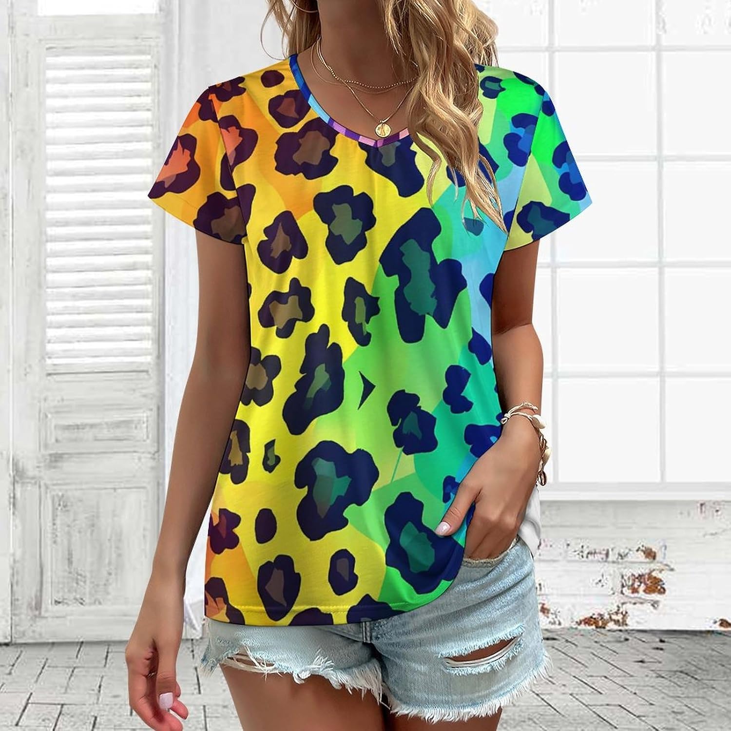 Rainbow Leopard Print Womens V Neck Short Sleeve T Shirts Summer Tops Tees Fashion Outfits Clothes - Image 2