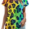 Rainbow Leopard Print Womens V Neck Short Sleeve T Shirts Summer Tops Tees Fashion Outfits Clothes