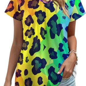 Rainbow Leopard Print Womens V Neck Short Sleeve T Shirts Summer Tops Tees Fashion Outfits Clothes
