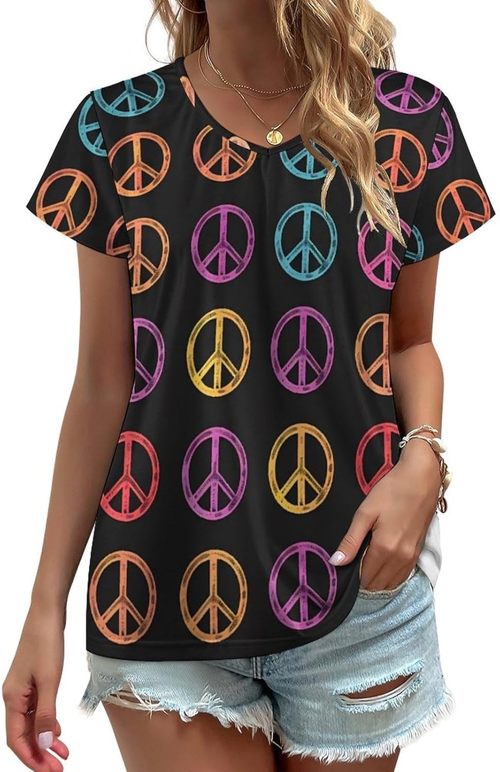 Rainbow Peace Printed Womens V Neck Short Sleeve T Shirts Summer Tops Tees Fashion Outfits Clothes