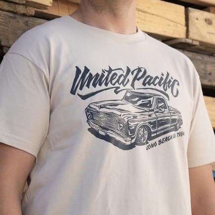 UNITED PACIFIC 99307L T-Shirt, Calligraphy C10, Sand, with Dark Blue Print, Cotton, Large