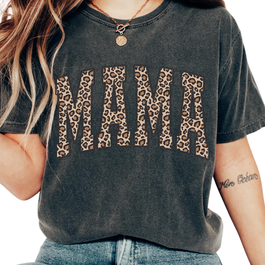 Womens Mama Leopard Print T-Shirts Short Sleeve Mama Shirts Cheetah Mom Graphic Tees Tops Mother's Day Shirt
